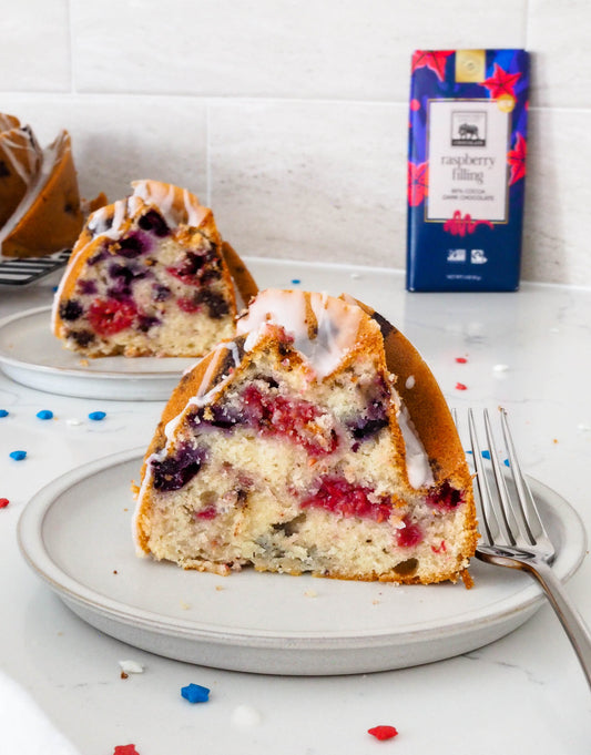 Berry Bundt Cake featuring Endangered Species Chocolate Raspberry Filling + 60% Dark Chocolate Bar