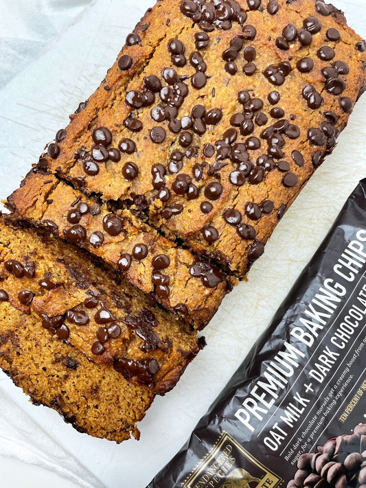 sliced loaf of fresh chocolate chip pumpkin bread